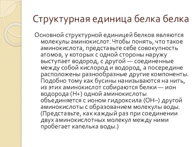 Структурная единица белка белка Основной структурной единицей белков являются молекулы аминокислот. Чтобы