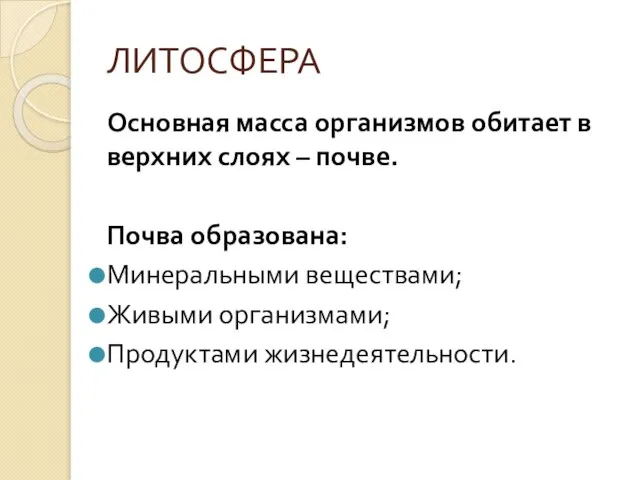 ЛИТОСФЕРА Основная масса организмов обитает в верхних слоях – почве. Почва образована: