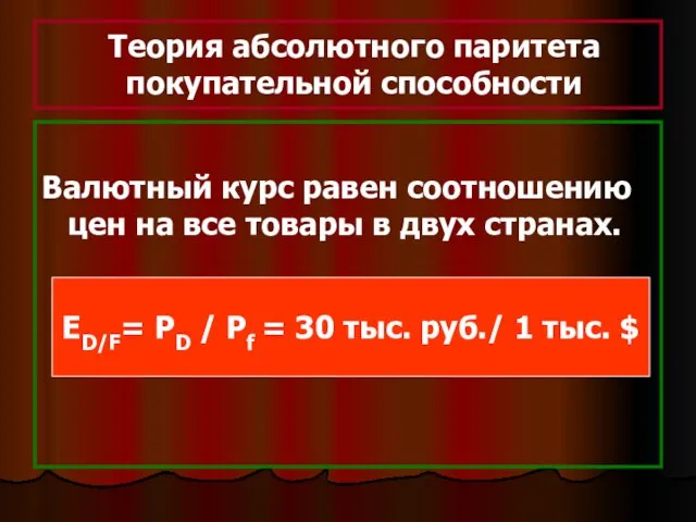 Теория абсолютного паритета покупательной способности Валютный курс равен соотношению цен на все