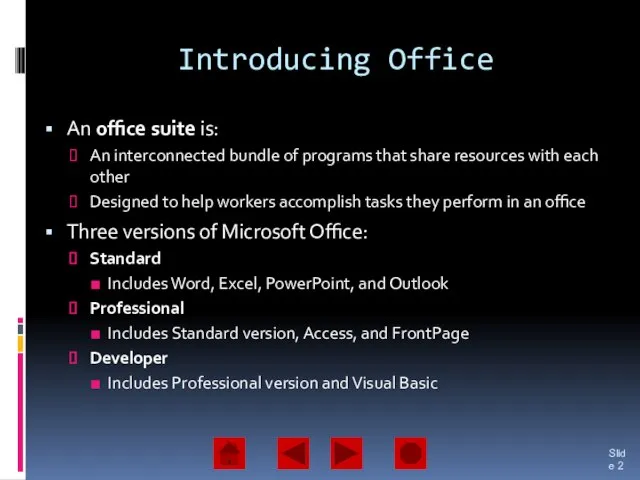 Introducing Office An office suite is: An interconnected bundle of programs that