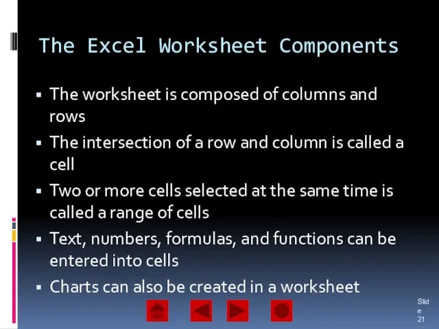 The Excel Worksheet Components The worksheet is composed of columns and rows