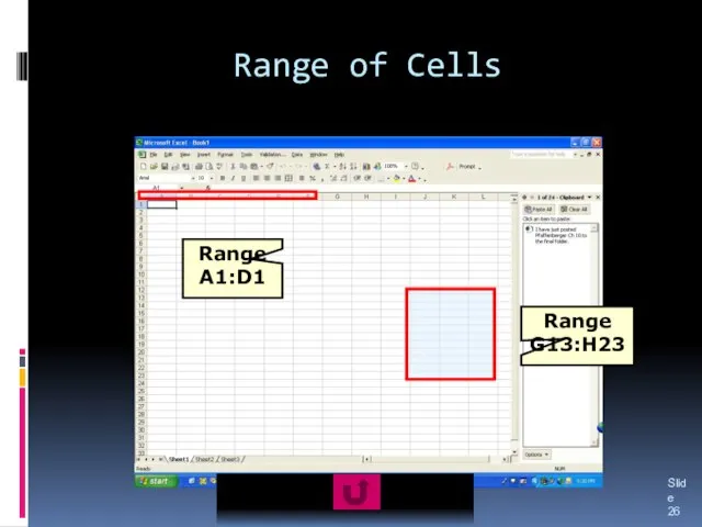 Range of Cells Slide Range A1:D1 Range G13:H23