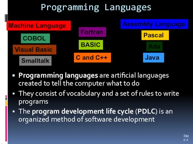 Programming Languages Programming languages are artificial languages created to tell the computer