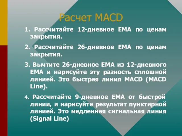 Расчет MACD 1. Рассчитайте 12-дневное ЕМА по ценам закрытия. 2. Рассчитайте 26-дневное