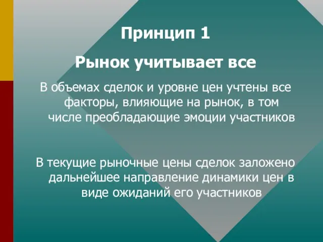 Принцип 1 Рынок учитывает все В объемах сделок и уровне цен учтены