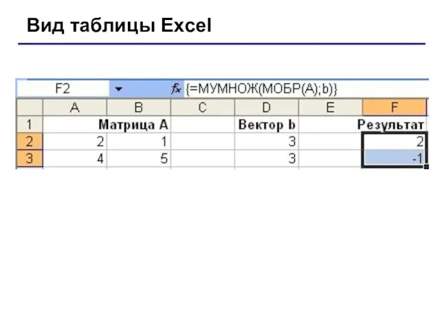 Вид таблицы Excel