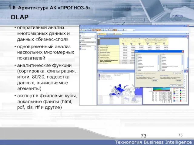 OLAP оперативный анализ многомерных данных и данных «бизнес-слоя» одновременный анализ нескольких многомерных