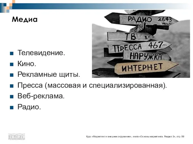 Медиа Телевидение. Кино. Рекламные щиты. Пресса (массовая и специализированная). Веб-реклама. Радио. Курс