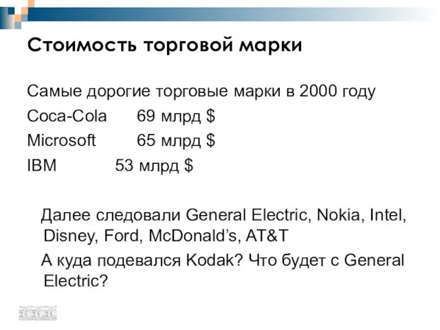 Стоимость торговой марки Самые дорогие торговые марки в 2000 году Coca-Cola 69