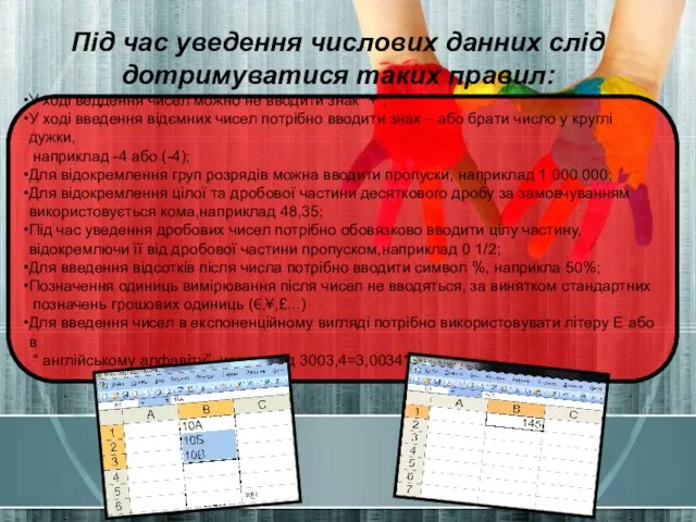 Під час уведення числових данних слід дотримуватися таких правил: У ході веддення