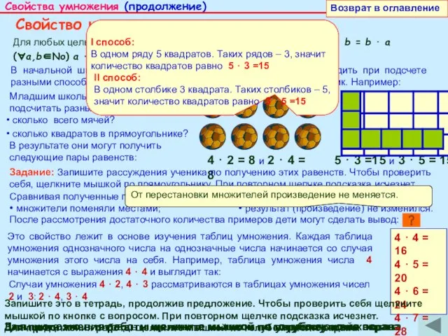 Свойства умножения (продолжение) Свойство коммутативности Для любых целых неотрицательных чисел а и