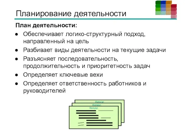 Планирование деятельности План деятельности: Обеспечивает логико-структурный подход, направленный на цель Разбивает виды