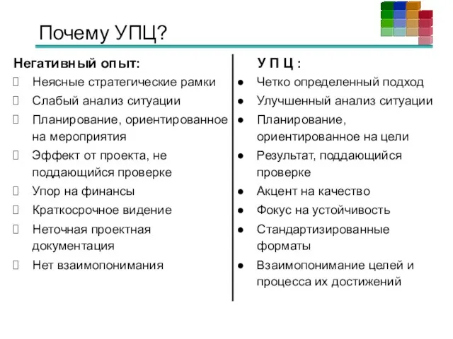 Почему УПЦ? Негативный опыт: Неясные стратегические рамки Слабый анализ ситуации Планирование, ориентированное