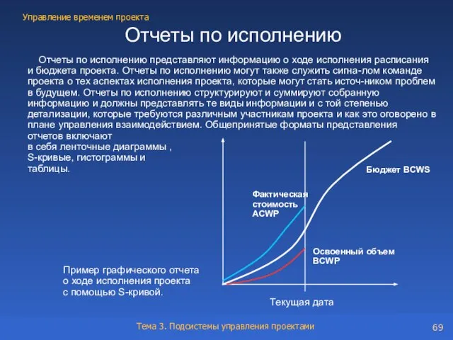 Отчеты по исполнению представляют информацию о ходе исполнения расписания и бюджета проекта.