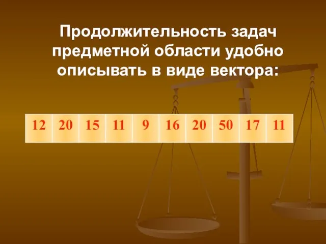 Продолжительность задач предметной области удобно описывать в виде вектора: