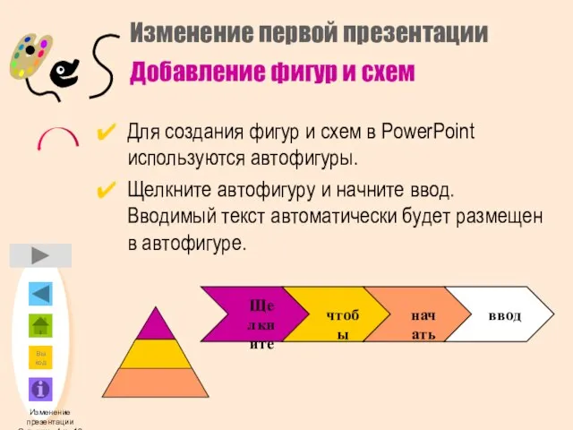 Изменение первой презентации Добавление фигур и схем Для создания фигур и схем