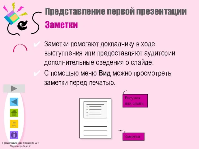 Представление первой презентации Заметки Заметки помогают докладчику в ходе выступления или предоставляют