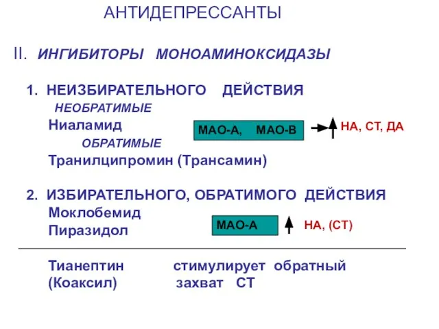 АНТИДЕПРЕССАНТЫ II. ИНГИБИТОРЫ МОНОАМИНОКСИДАЗЫ 1. НЕИЗБИРАТЕЛЬНОГО ДЕЙСТВИЯ НЕОБРАТИМЫЕ Ниаламид ОБРАТИМЫЕ Транилципромин (Трансамин)