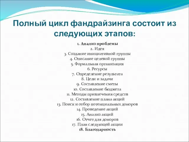 Полный цикл фандрайзинга состоит из следующих этапов: 1. Анализ проблемы 2. Идея