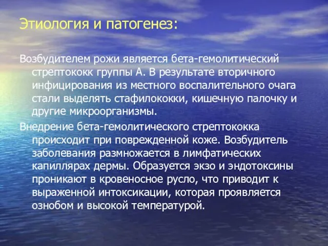 Этиология и патогенез: Возбудителем рожи является бета-гемолитический стрептококк группы А. В результате