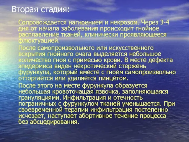 Вторая стадия: Сопровождается нагноением и некрозом. Через 3-4 дня от начала заболевания