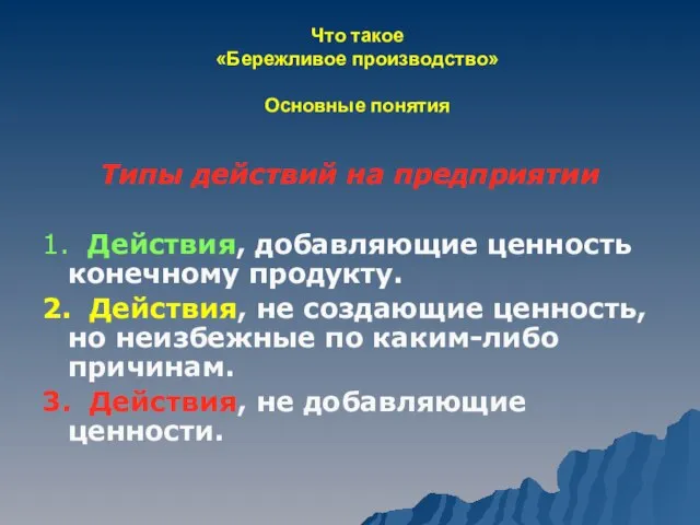 Что такое «Бережливое производство» Основные понятия Типы действий на предприятии 1. Действия,