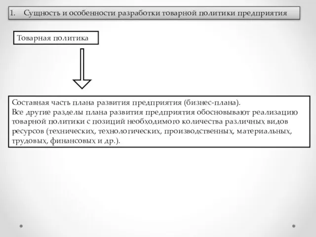 Сущность и особенности разработки товарной политики предприятия Товарная политика Составная часть плана