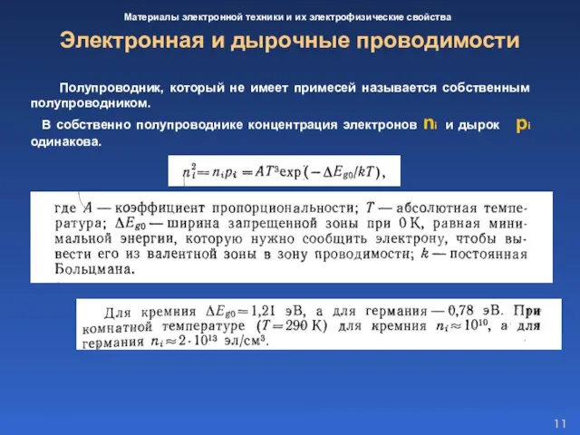 Электронная и дырочные проводимости Полупроводник, который не имеет примесей называется собственным полупроводником.