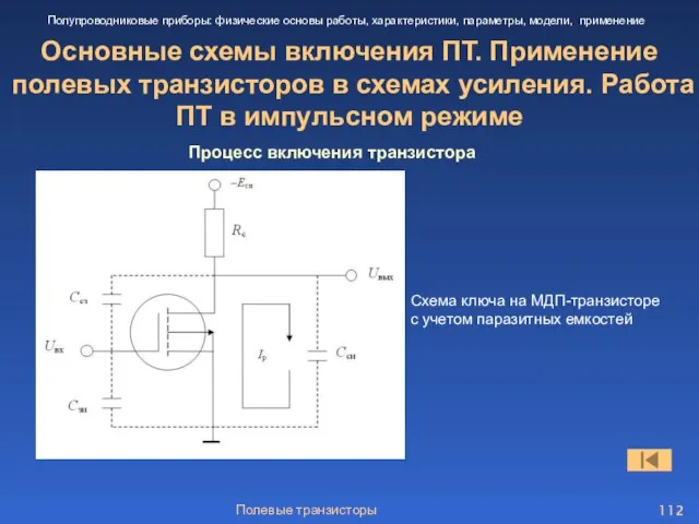 Полевые транзисторы Основные схемы включения ПТ. Применение полевых транзисторов в схемах усиления.