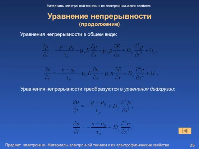 Предмет электроники. Материалы электронной техники и их электрофизические свойства Уравнение непрерывности (продолжение)