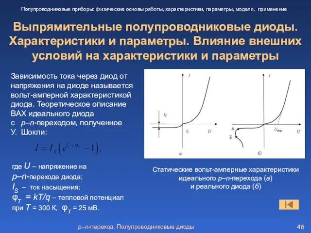 p–n-переход. Полупроводниковые диоды Выпрямительные полупроводниковые диоды. Характеристики и параметры. Влияние внешних условий