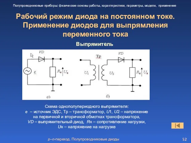 p–n-переход. Полупроводниковые диоды Рабочий режим диода на постоянном токе. Применение диодов для