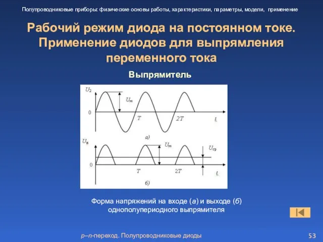 p–n-переход. Полупроводниковые диоды Рабочий режим диода на постоянном токе. Применение диодов для