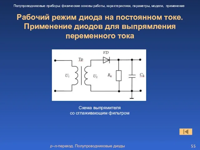 p–n-переход. Полупроводниковые диоды Рабочий режим диода на постоянном токе. Применение диодов для