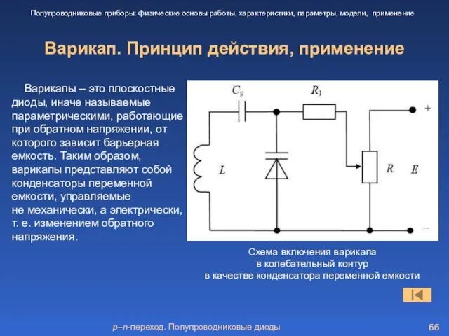 p–n-переход. Полупроводниковые диоды Варикап. Принцип действия, применение Полупроводниковые приборы: физические основы работы,