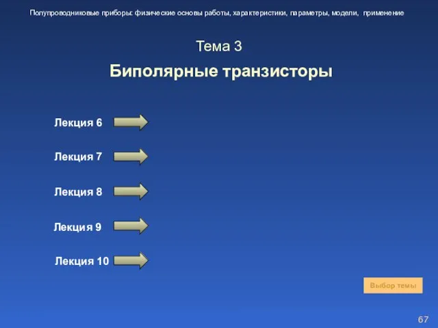 Тема 3 Биполярные транзисторы Лекция 6 Лекция 7 Выбор темы Полупроводниковые приборы: