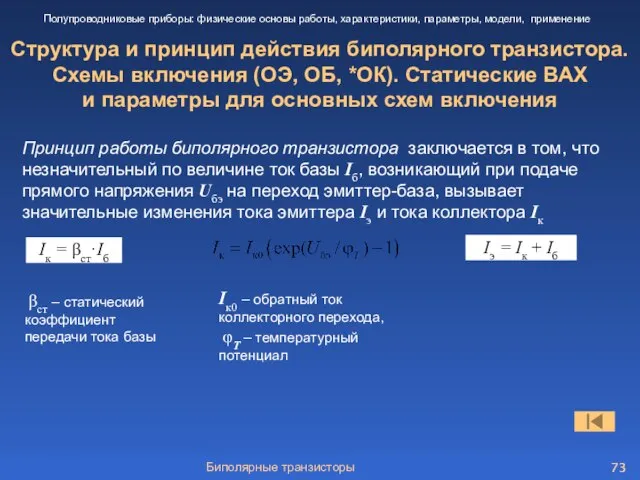 Биполярные транзисторы Структура и принцип действия биполярного транзистора. Схемы включения (ОЭ, ОБ,