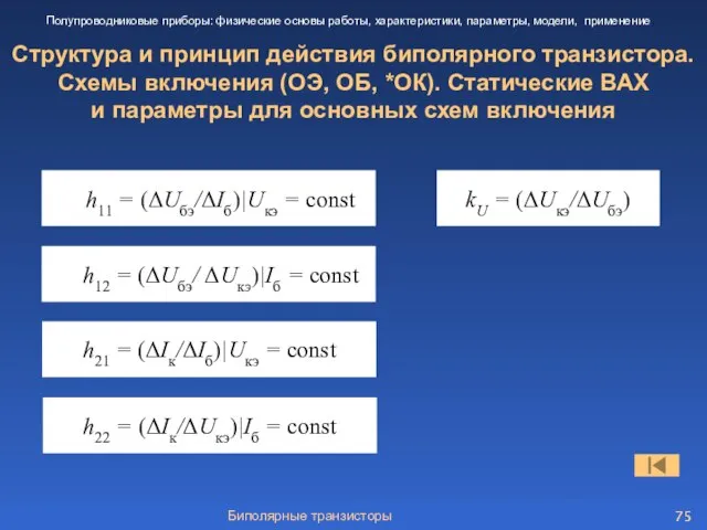 Биполярные транзисторы Структура и принцип действия биполярного транзистора. Схемы включения (ОЭ, ОБ,