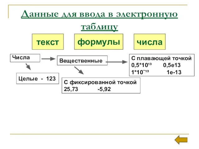 Данные для ввода в электронную таблицу Числа Вещественные С плавающей точкой 0,5*10¹³