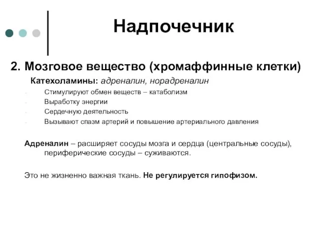 Надпочечник 2. Мозговое вещество (хромаффинные клетки) Катехоламины: адреналин, норадреналин Стимулируют обмен веществ