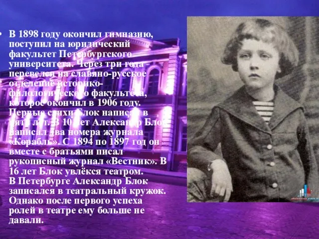 В 1898 году окончил гимназию, поступил на юридический факультет Петербургского университета. Через