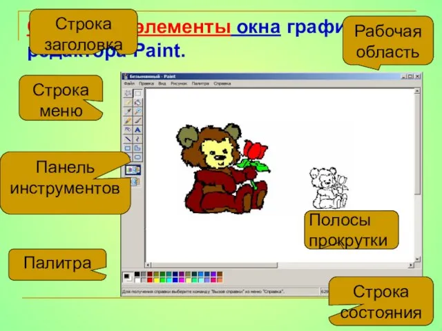 Основные элементы окна графического редактора Paint. Рабочая область Строка состояния Строка заголовка