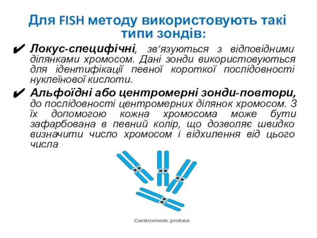 Для FISH методу використовують такі типи зондів: Локус-специфічні, зв’язуються з відповідними ділянками