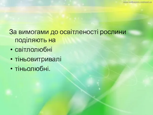 За вимогами до освітленості рослини поділяють на світлолюбні тіньовитривалі тіньолюбні.