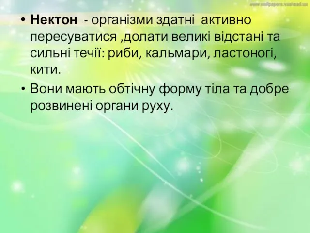 Нектон - організми здатні активно пересуватися ,долати великі відстані та сильні течії: