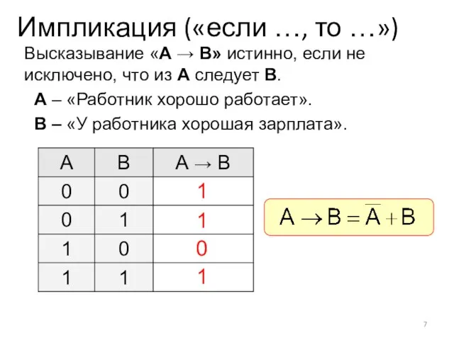 Импликация («если …, то …») Высказывание «A → B» истинно, если не