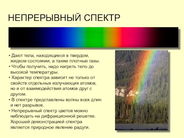 НЕПРЕРЫВНЫЙ СПЕКТР Дают тела, находящиеся в твердом, жидком состоянии, а также плотные