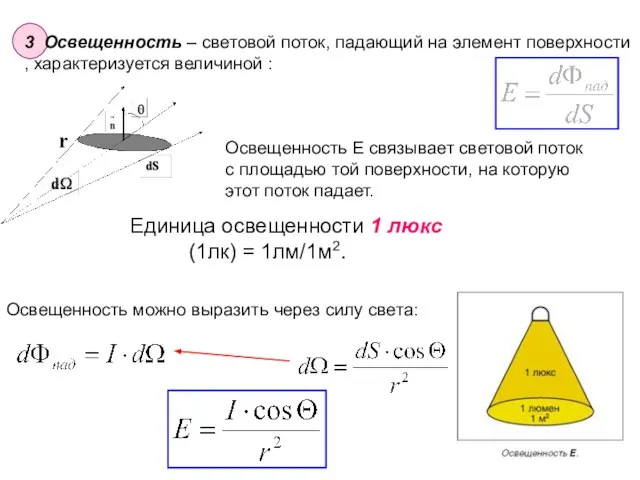 Освещенность можно выразить через силу света: Единица освещенности 1 люкс (1лк) =