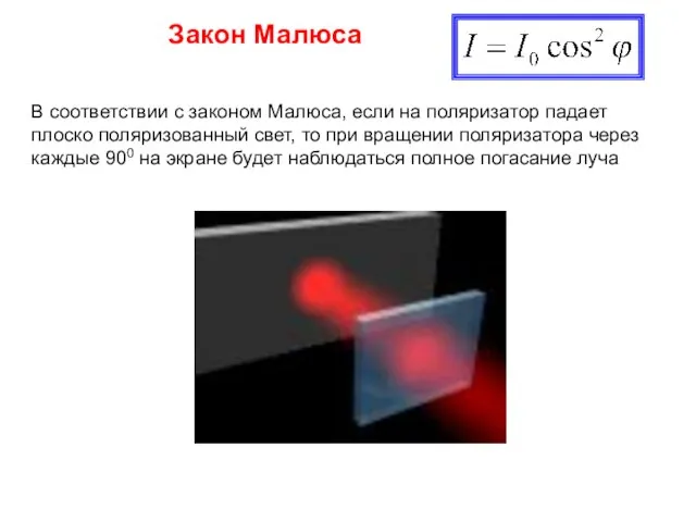 Закон Малюса В соответствии с законом Малюса, если на поляризатор падает плоско