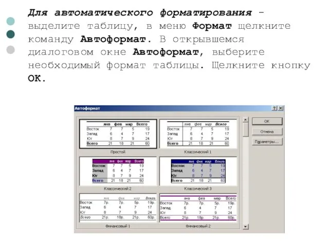 Для автоматического форматирования - выделите таблицу, в меню Формат щелкните команду Автоформат.